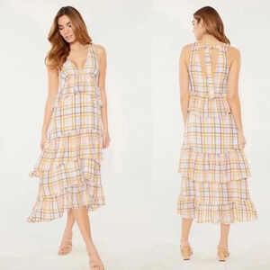 NWOT Cinq A Sept Astor Tiered Midi Dress 4 Plaid Sleeveless White Pink